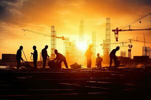 silueta de ingeniero y trabajador construcción equipo trabajando a sitio terminado puesta de sol. generativo ai . foto