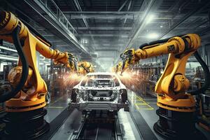 Robotic arms in a car plant at line  factory , Generative AI . photo