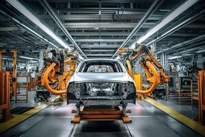 Robotic arms in a car plant at line  factory , Generative AI . photo