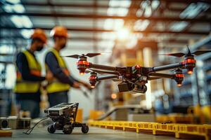 A engineer using drone working support container truck in ship port for business Logistics and transportation , Generative AI . photo