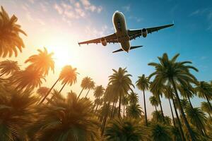 Airplane flying above palm trees in clear sunset sky  , Generative AI photo