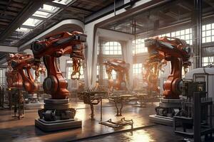 Robotic arms in a car plant at line  factory , Generative AI . photo