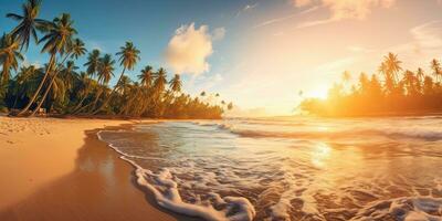Beautiful beach banner. White sand and coco palms travel tourism  ,sunset Generative AI photo