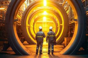 Two Heavy Industry Engineers Walking Through Pipe Manufacturing Facility , Generative AI . photo
