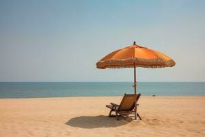 The beach chaise lounge and umbrella on sand .Generative AI photo