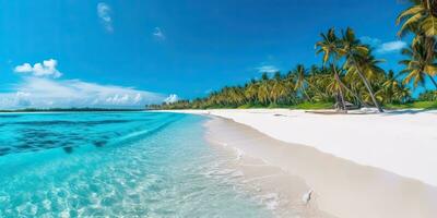 Beautiful beach banner. White sand and coco palms travel tourism  ,blue sky  , Generative AI photo
