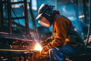 A worker while doing a welding with arc welder power plant  at factory ,Generative AI . photo