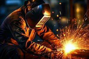 A worker while doing a welding with arc welder power plant  at factory ,Generative AI . photo