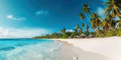 Beautiful beach banner. White sand and coco palms travel tourism  ,blue sky  , Generative AI photo