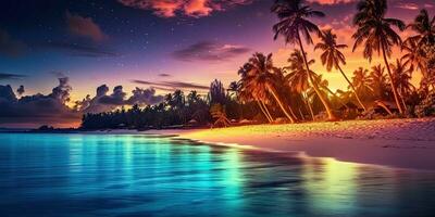 Beautiful beach banner. White sand and coco palms travel tourism  ,sunset Generative AI photo