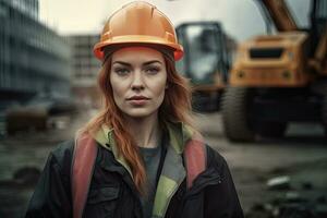 A female worker on the background of the construction site,Generative AI . photo