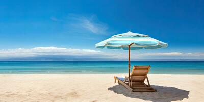 The beach chaise lounge and umbrella on sand .Generative AI photo