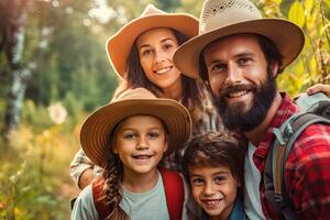 activo familia excursionismo y trekking en un naturaleza sendero , generativo ai foto