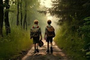 Two friends on a forest road with backpacks ,Generative AI photo