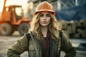 A female worker on the background of the construction site,Generative AI . photo