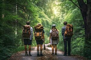 Friends on a forest road with backpacks,Generative AI . photo