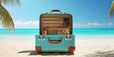 Open suitcase on tropical beach background ,Generative AI photo