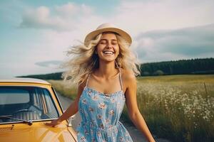 Happy beautiful caucasian woman travel on the road with window a car , Generative AI photo