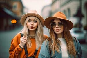 Friends, travel and tourism concept. Beautiful girls looking for direction in the city ,Generative AI photo