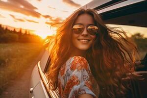 contento hermosa caucásico mujer viaje en el la carretera con ventana un coche , generativo ai foto