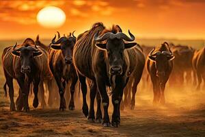 Herd of most in the setting sun ,Generative AI photo