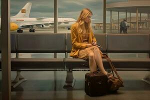Happy woman in the airport ,Generative AI photo