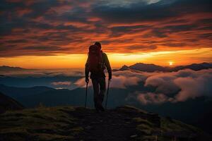Hiker man, sunset ,Generative AI photo