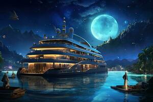 Luxury Yacht , party fun , night sky ,Generative AI photo