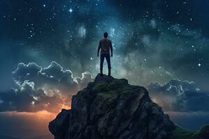Man standing on top of cliff at night sky ,Generative AI photo
