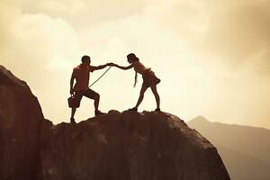 Teamwork couple climbing helping on top of cliff at sunset ,Generative AI photo