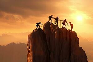 Teamwork climbing helping on top of cliff at sunset ,Generative AI photo