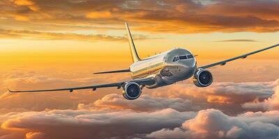 Passengers commercial airplane flying above clouds , sunset, Generative AI photo