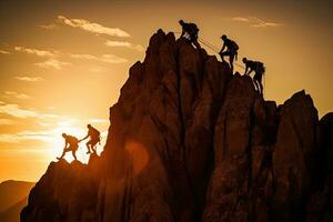 Teamwork climbing helping on top of cliff at sunset ,Generative AI photo