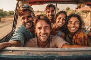 autofoto, amistad y coche la carretera viaje o naturaleza safari fiesta viaje en India juntos contento para aventura. ,generativo ai foto