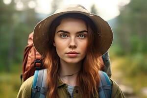 Young woman hiking and going camping in nature .Generative AI . photo