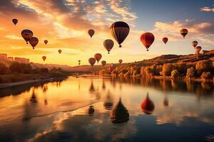 Air balloons flying over spectacular River beautiful , sunset ,Generative AI photo