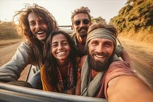 autofoto, amistad y coche la carretera viaje o naturaleza safari fiesta viaje en India juntos contento para aventura. ,generativo ai foto