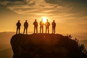 Team success standing on top of cliff at sunset ,Generative AI photo