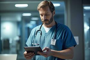 A professionalmale nurse looking at digital tablet in the hospital, Generative AI. photo