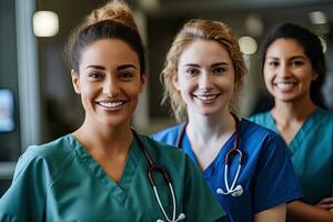 sonriente hembra médico en pie con médico colegas en un hospital ,generativo ai. foto