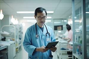 Asia male nurse looking at digital tablet in the hospital ,Generative AI. photo