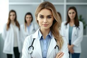 Attractive female doctor  medical group ,Generative AI. photo