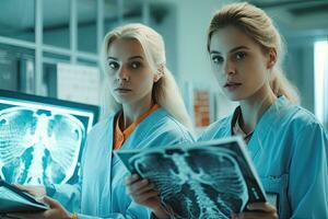 Two docter women medical doctors looking at x-rays in a hospital, Generative AI. photo