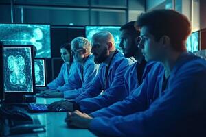 Professional TeamWork  Research Laboratory. Neuroscientists Surrounded by Monitors Showing CT, MRI Scans Having Discussions and Working on Personal Computers ,Generative AI. photo