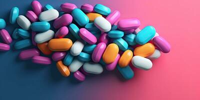 Collection of colorful pills , copy space ,Generative AI. photo
