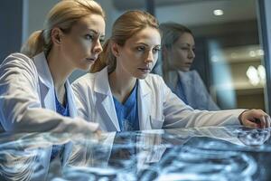 Two docter women medical doctors looking at x-rays in a hospital, Generative AI. photo