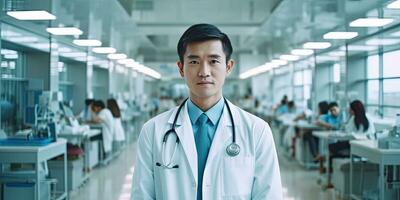 retrato de Asia médico en pie en hospital, Copiar espacio publicidad mensaje ,generativo ai. foto