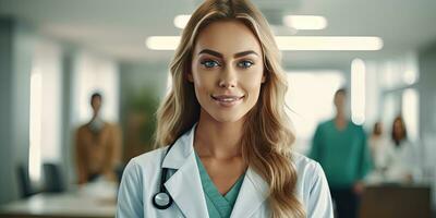 Portrait of female American doctor standing in hospital, copy space ,Generative AI. photo