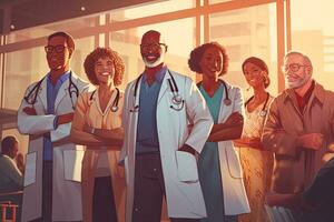 Doctor cartoon characters. Medical staff team concept , sunset ,Generative AI. photo