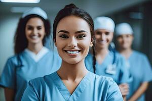 Smiling female doctor standing with medical colleagues in a hospital ,Generative AI. photo